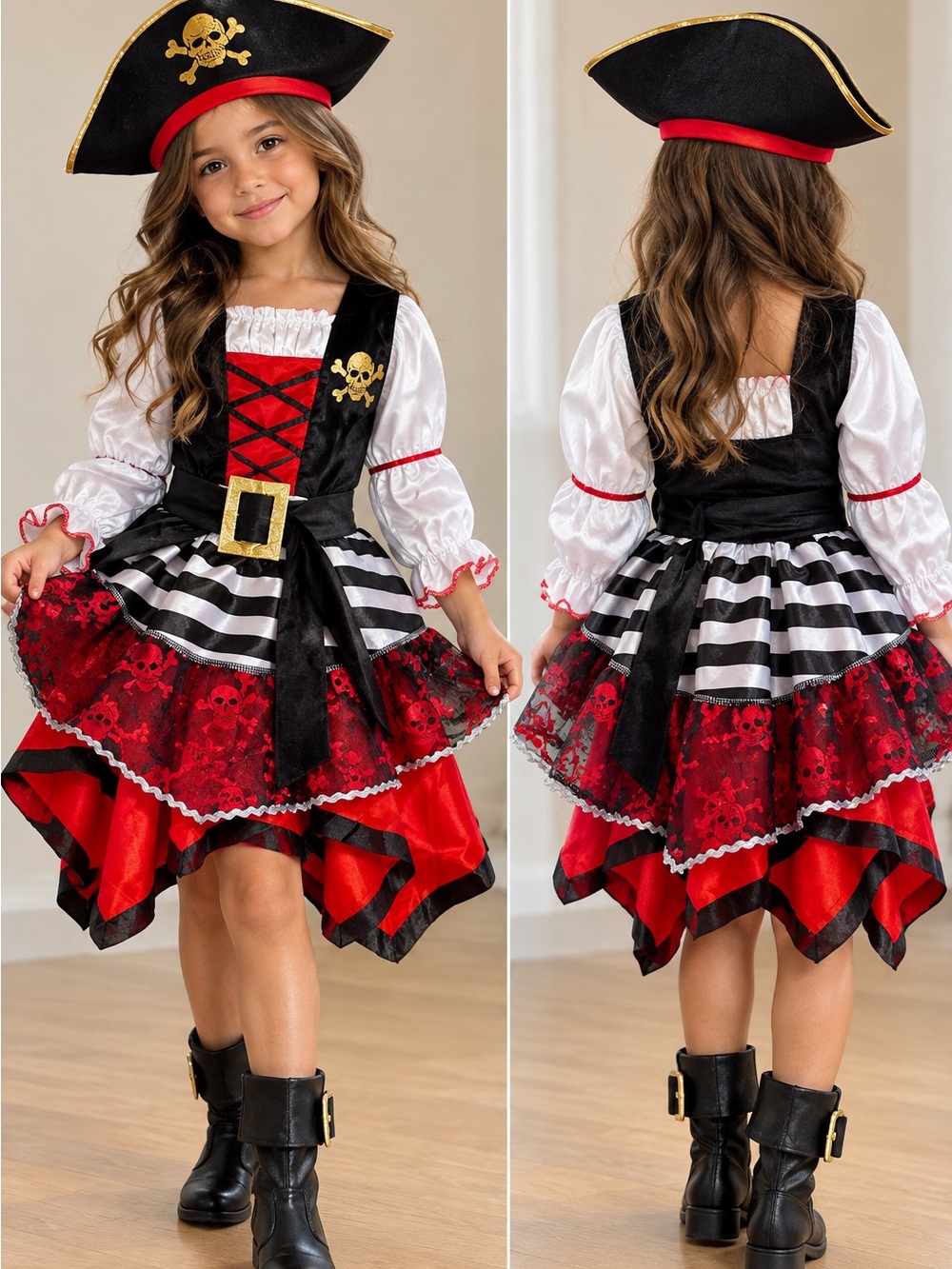 Girls Black and Red Pirate Costume Dress with Hat